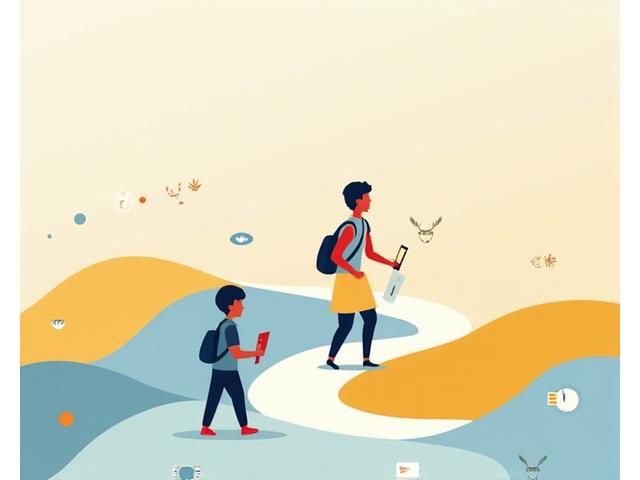 Ilustração de um aluno em um caminho de aprendizado personalizado, com tecnologia e interação humana como guias