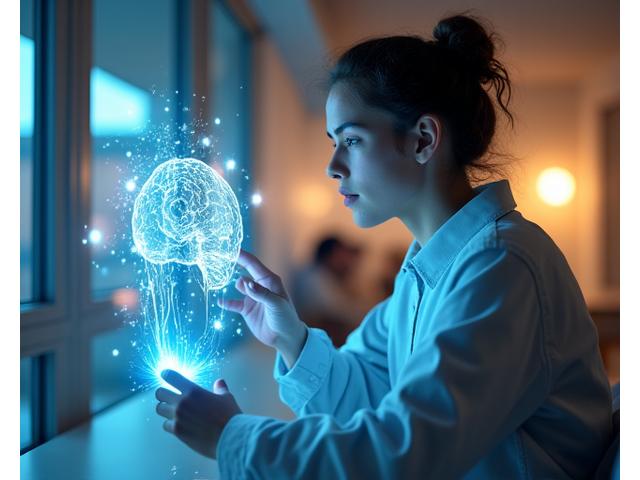 Representação visual de inteligência artificial adaptando-se a um estudante com elementos de rede neural e dados fluidos.