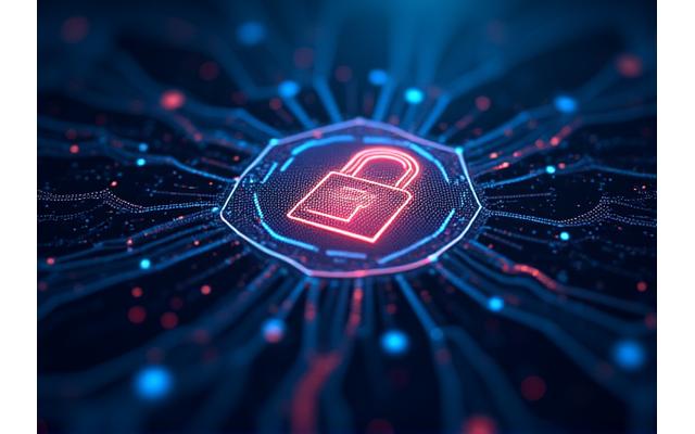 Elementos de segurança de dados e privacidade em IA, com ícones de cadeado e escudos digitais sobre uma rede de informações, ilustrando conformidade com GDPR e controlo do utilizador.