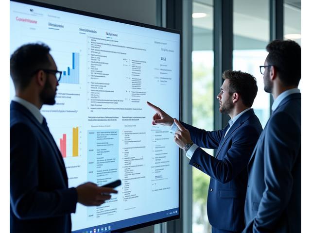 Um grupo diversificado de profissionais a discutir um diagrama de projeto num ecrã grande, simbolizando o desenvolvimento colaborativo de um currículo adaptado à indústria.