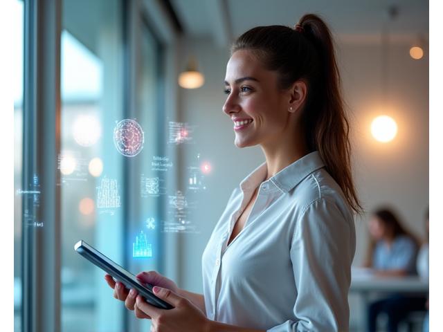 Jovem profissional de TI sorrindo, com um tablet e diagramas digitais flutuantes ao seu redor, simbolizando a educação e a progressão da carreira.