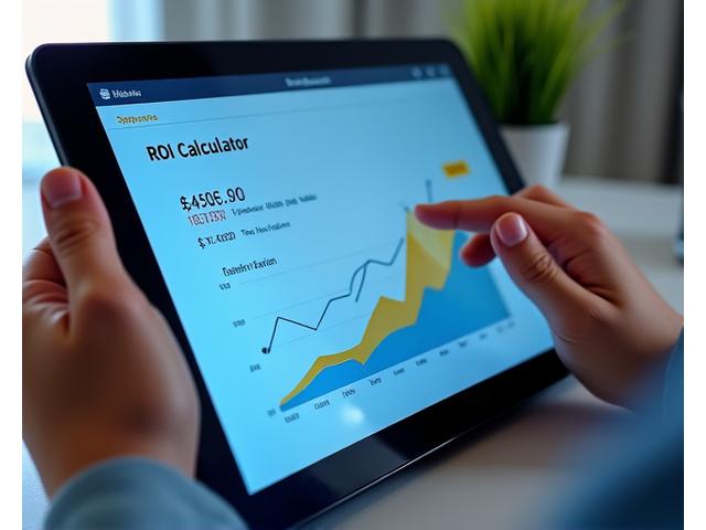 Uma pessoa a usar um tablet com uma interface gráfica a mostrar gráficos de crescimento e um calculadora de ROI, simbolizando o planejamento de carreira e o retorno do investimento em educação.