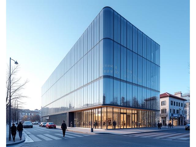 Edifício moderno da Lusófora Academy no Porto, Portugal, com a sinalização e um céu azul ao fundo.