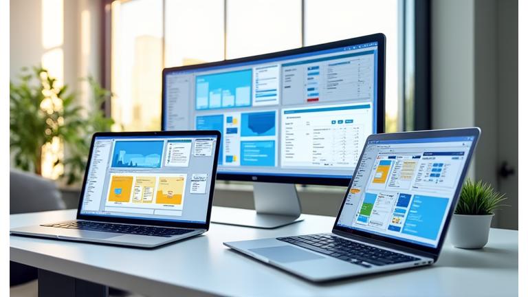 Dispositivos digitais mostrando diversas aplicações de produtividade como Microsoft 365 e Google Workspace.