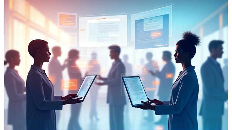 Pessoas colaborando em um ambiente de trabalho remoto virtual com caixas de diálogo e elementos de interação.