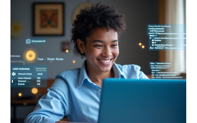 Estudante engajado aprendendo em um laptop, com gráficos de dados e ícones de conhecimento flutuando ao redor, representando educação online gratuita de alta qualidade.