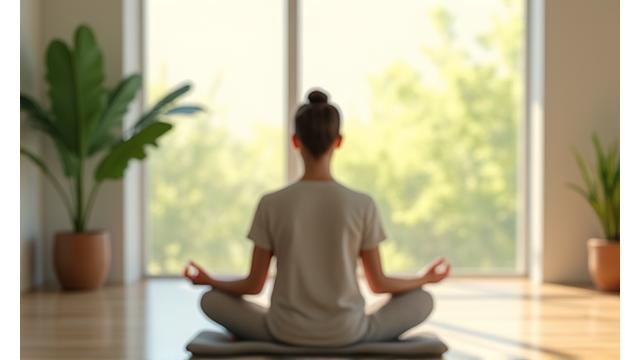 Mulher meditando em um ambiente calmo com folhas verdes e luz suave.