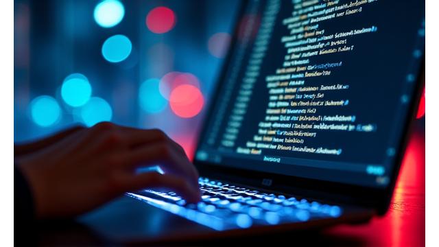 Pessoa digitando em um teclado com código Python em tela e gráficos de rede ao fundo.