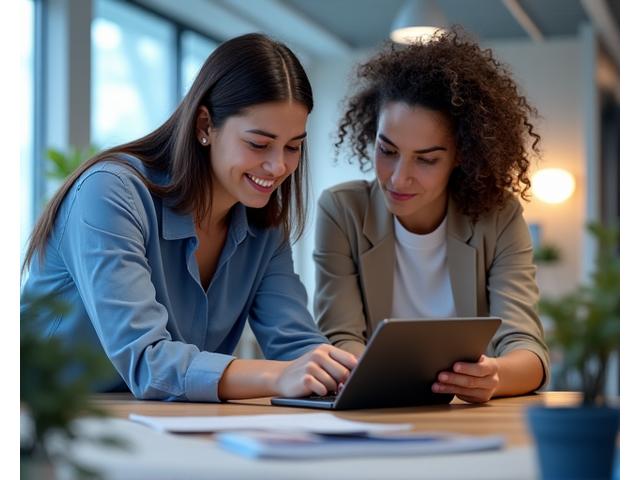 Mulher sorridente explicando algo em um tablet para outro aluno, em um ambiente de coworking moderno e colaborativo, simbolizando qualidade de ensino e suporte.