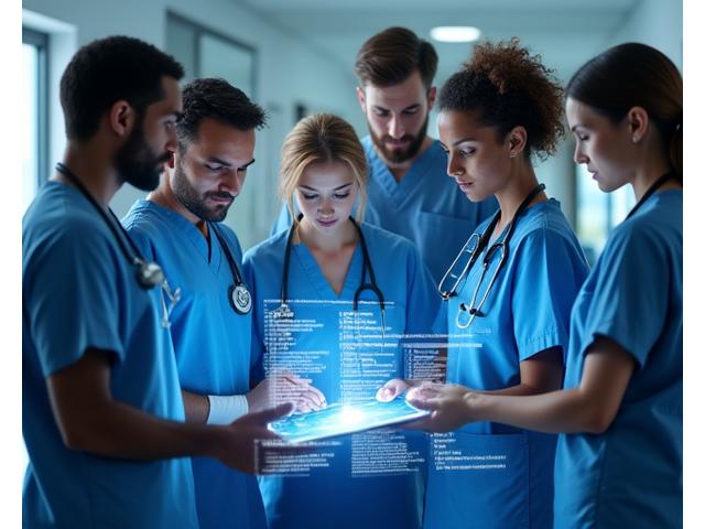Equipa médica multi-disciplinar a discutir um estudo de caso clínico em português, com gráficos e exames num tablet.