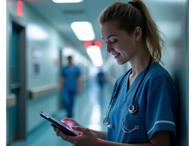 Profissional de saúde, talvez uma enfermeira, a estudar no tablet durante uma pequena pausa na clínica, com relógio ao fundo.