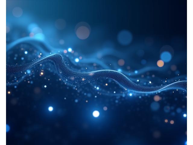 Abstract visualization of interconnected learning nodes, smart data points, and flowing educational content, representing AI-powered personalized learning. Soft, glowing lights against a dark blue background.