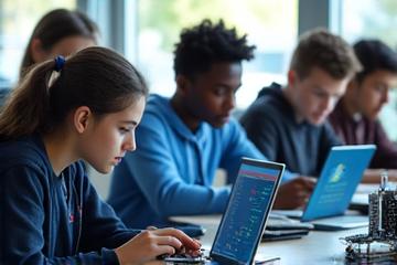 Jovens programadores envolvidos em um bootcamp de codificação, utilizando laptops e placas de circuito em uma sala de aula moderna.