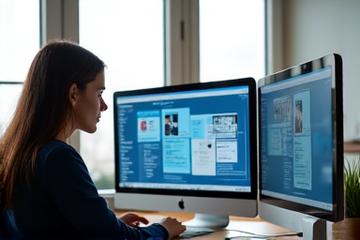 Um profissional trabalhando remotamente em um escritório moderno com várias telas, mostrando proficiência digital.