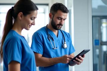 Profissionais de saúde portugueses em um ambiente de hospital moderno, utilizando tecnologia e colaborando.