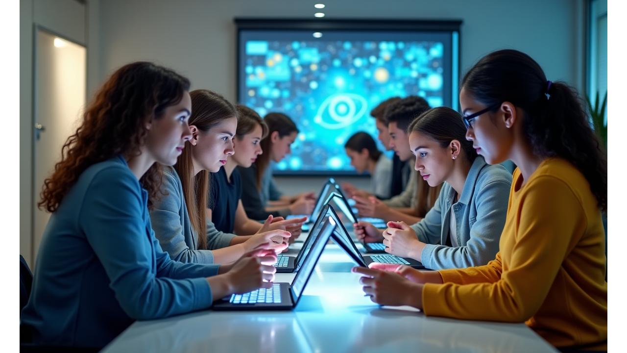 Diverse group of Portuguese-speaking learners engaged with technology, studying online and collaborating, featuring a mix of ages and backgrounds. Warm, inviting tones.