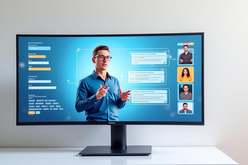 Ilustração de uma interface de webinar com elementos interativos como chat, Q&A e sondagens em tempo real, mostrando participantes engajados.
