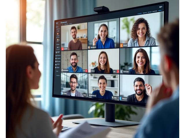 Pessoas participando de uma sessão de networking virtual, com caixas de vídeo e ícones de conexão.