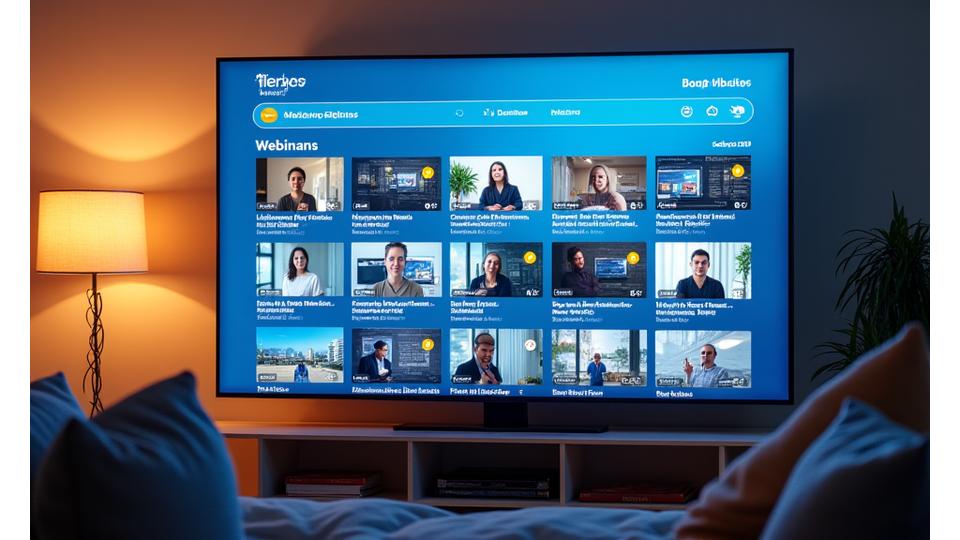 Galeria de vídeos de webinars gravados, com miniaturas de títulos como 'Liderança de Equipes Remotas' e 'Tendências de Marketing Digital 2024'.