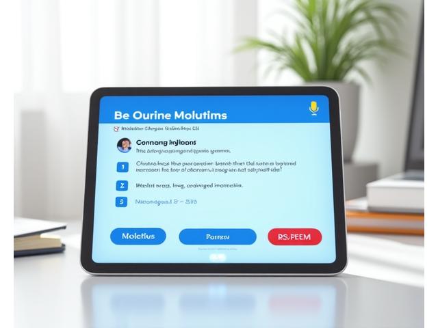 Interface de teste de avaliação de português em um tablet, mostrando opções de múltipla escolha e um ícone de microfone para teste de pronúncia.