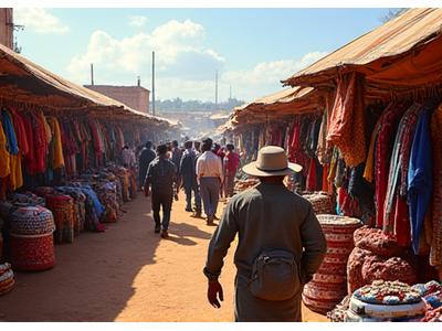 Um mercado vibrante em Luanda, Angola, mostrando tecidos coloridos e pessoas, simbolizando a cultura africana lusófona.