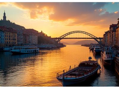 Ponte Dom Luís I e a Ribeira do Porto ao pôr do sol, símbolo de Portugal.