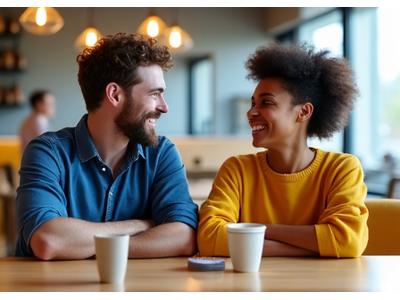 Duas pessoas sorrindo numa conversa animada num café, simbolizando a interação diária.