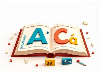 Ilustração de um livro aberto com letras do alfabeto português e palavras básicas.
