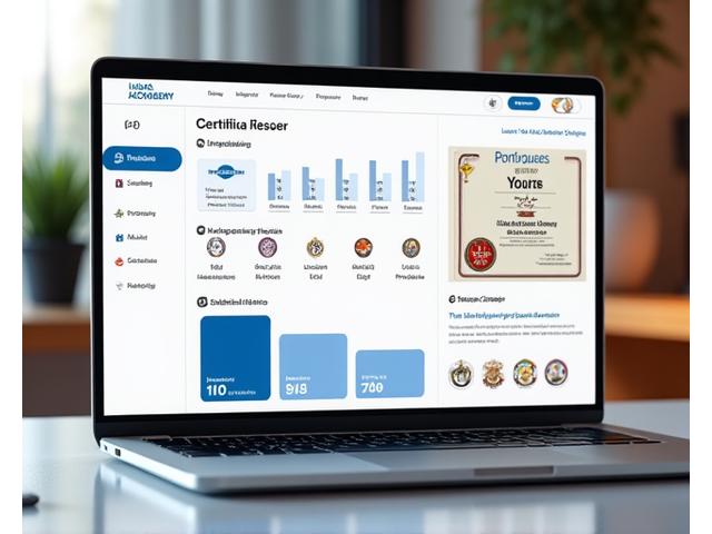 Um painel digital exibindo gráficos de progresso de aprendizado de idiomas, badges de conquista e um certificado de proficiência, em um monitor de computador.