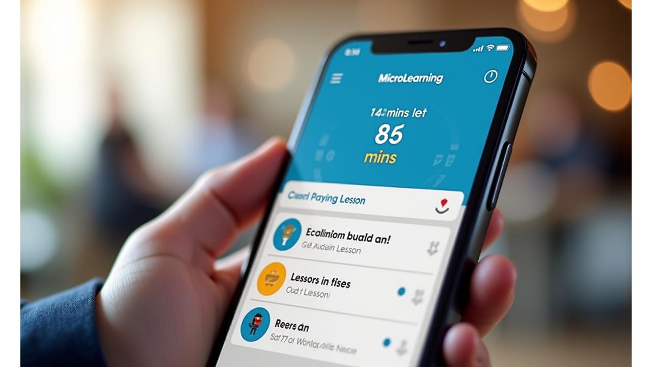 Interface de aplicação móvel de microlearning mostrando um cronómetro, ícones de aprendizagem e um gráfico de progresso, com uma mão a interagir com o ecrã.