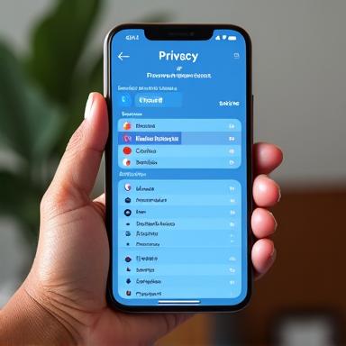 Uma interface de utilizador estilizada de um smartphone com opções de privacidade e toggles, representando o controlo granular sobre os dados. Cores da marca primária e accent.