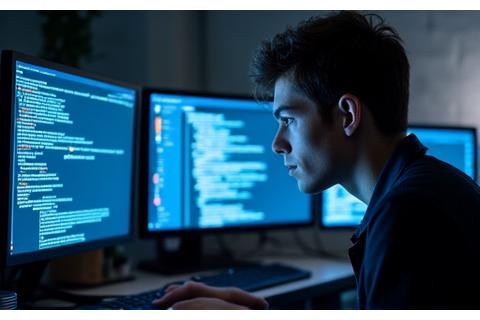 Jovem adulto de 18+ anos trabalhando em um projeto de IA, com gráficos de dados e código em monitores múltiplos.