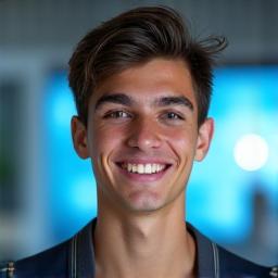 Retrato de João, aluno da Lusófora Academy, sorrindo e em ambiente de aprendizagem.