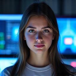 Retrato de Maria, aluna da Lusófora Academy, em frente a um laptop com código de IA.