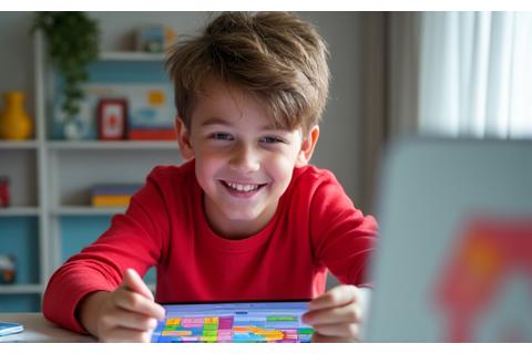 Adolescente de 13-15 anos sorrindo enquanto usa um tablet para programar em Scratch, com ícones coloridos de jogos ao redor.