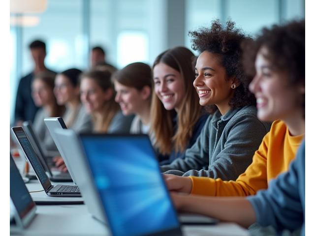 Adolescentes sorridentes colaborando em laptops, ambiente de sala de aula moderna e vibrante.