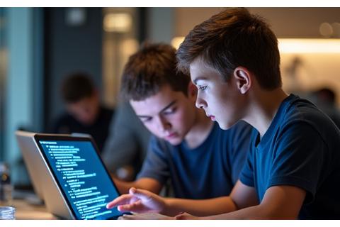 Dois adolescentes de 16-17 anos concentrados em notebooks, discutindo código Python em um café moderno.