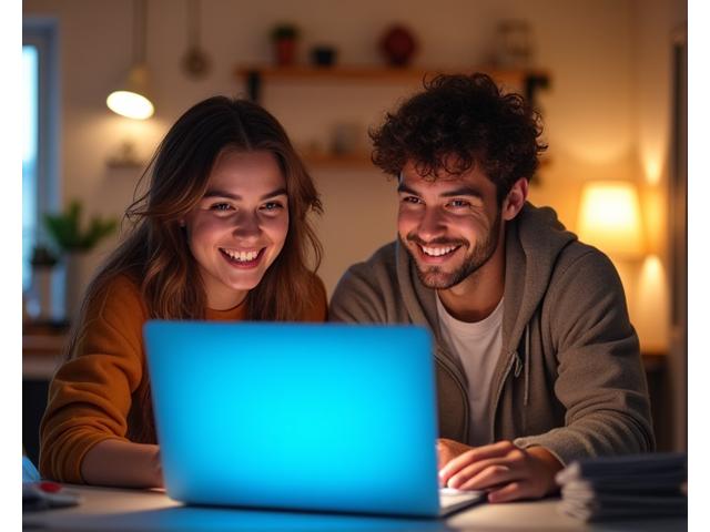 Pais e adolescente sorrindo, sentados à mesa, com um laptop aberto, conversando sobre educação.