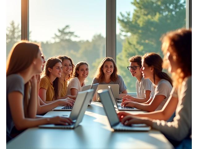 Grupo de jovens animados em um acampamento de verão de tecnologia, programando e apresentando projetos ao ar livre.